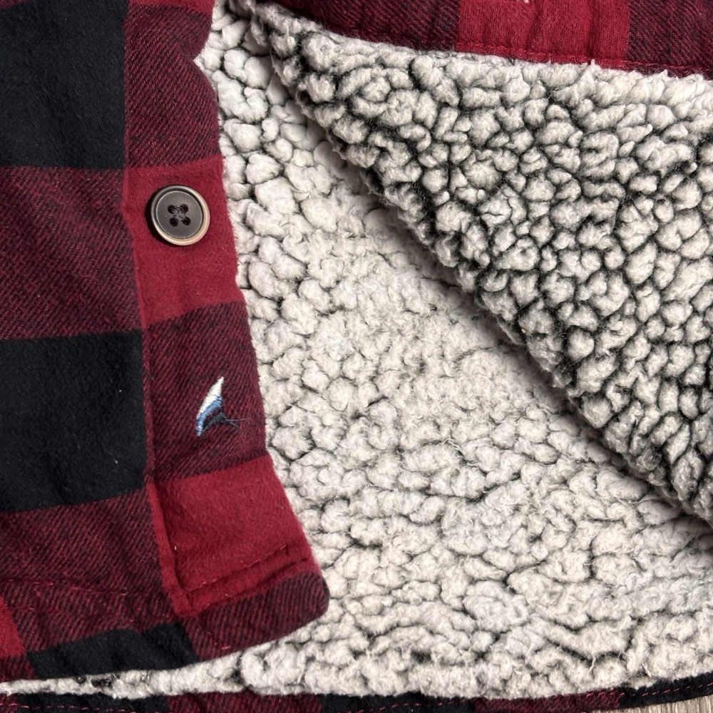 TAILOR VINTAGE Men's L Red Black Plaid Flannel Shirt Jacket Sherpa Lining - Picture 4 of 10